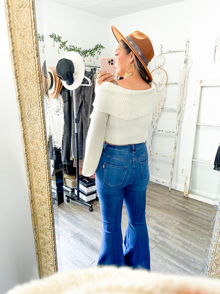 Cropped Ribbed Off-Shoulder Sweater