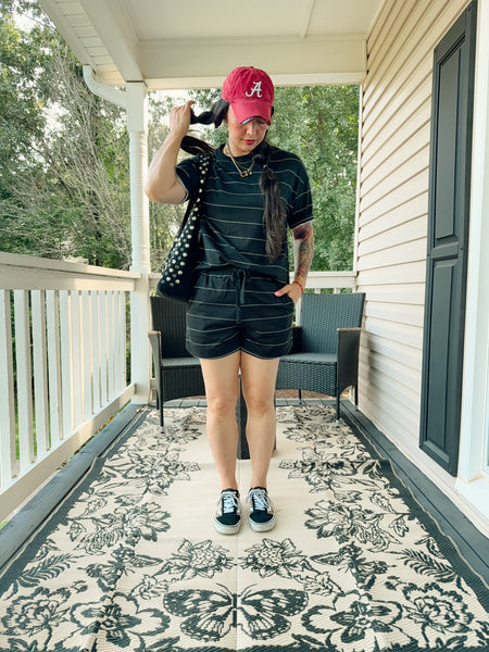 Striped Round Neck Top and Drawstring Shorts Set