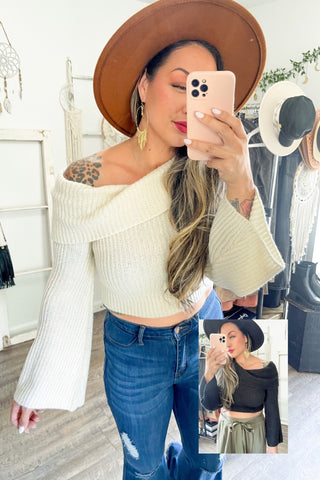 Cropped Ribbed Off-Shoulder Sweater