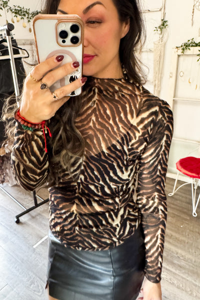 Zebra Print Mock Neck Sheer Mesh Blouse