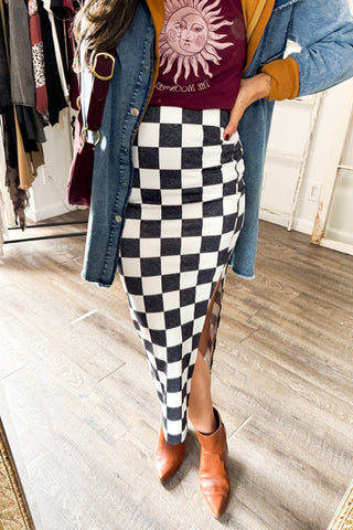 Split Checkered Midi Skirt (2 colors)