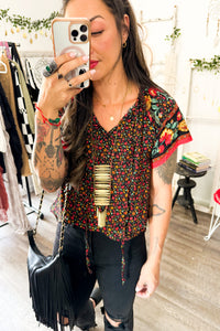 Printed Tie Neck Short Sleeve Blouse-4 colors