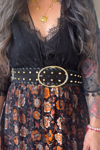 Desert Gold: Gold Studded Faux Suede Wide Belt