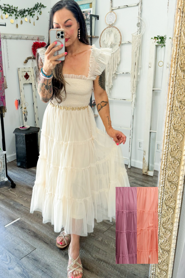 Small // SAMPLE Cream Smocked Ruffle Tiered Mesh Midi Maxi Dress