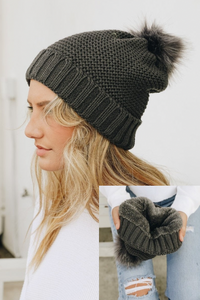 Pom Beanie with Faux Sherpa Lining - 6 colors