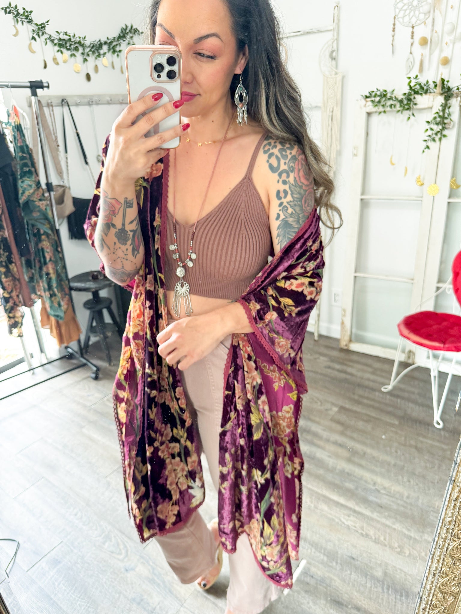 One Size (S-2X) SAMPLE // Velvet Burgundy Floral Kimono