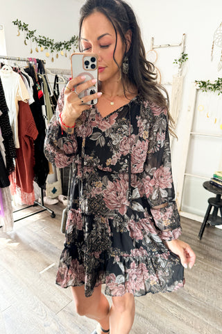 Floral Long Sleeve Mini Dress with Silver Glitter Detail