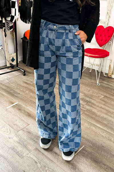 Checkered Wide Leg Jeans with Pockets