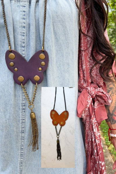 Reversible Whimsigoth Butterfly Necklace – Fringe & Stud Details 🦋⛓️