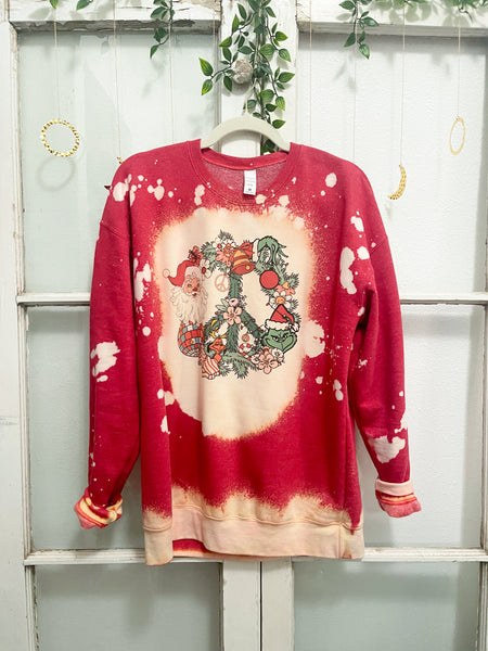 Peace Sign Wreath Bleached Red Sweatshirt