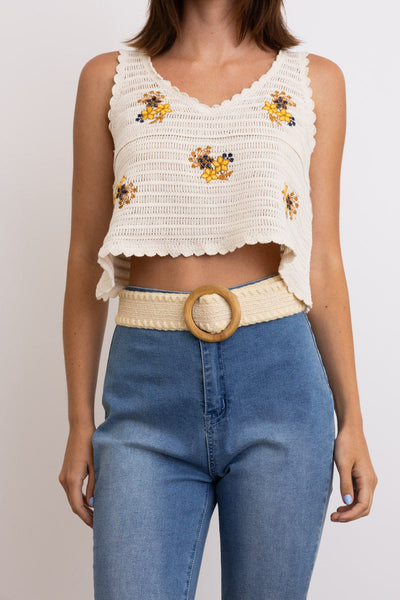 Whipstitch Raffia Belt with Wooden Round Buckle