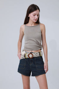 Off-White Braided Rope Belt – Boho Round Buckle Design 🌾✨