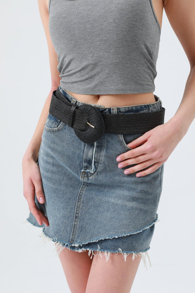 Artisan Raffia Elastic Belt with Crescent Moon Buckle