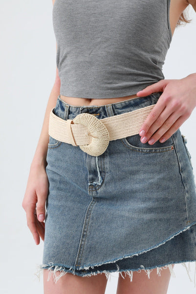 Artisan Raffia Elastic Belt with Crescent Moon Buckle
