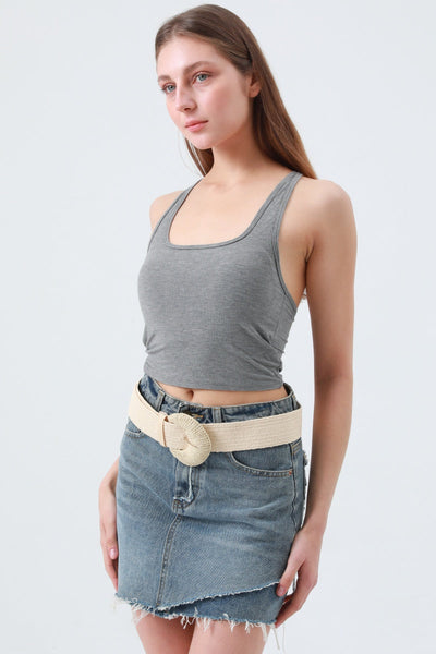 Artisan Raffia Elastic Belt with Crescent Moon Buckle