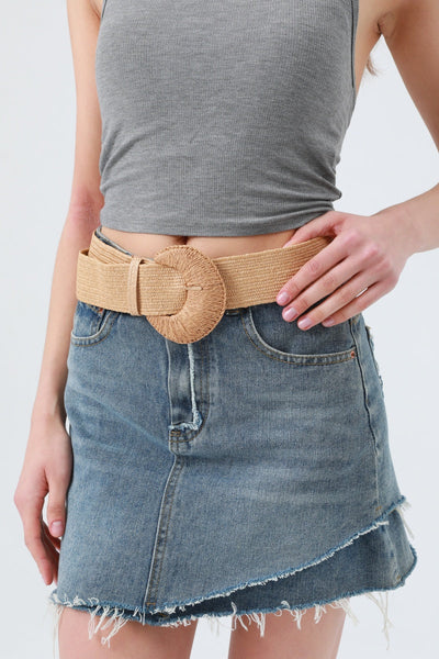 Artisan Raffia Elastic Belt with Crescent Moon Buckle