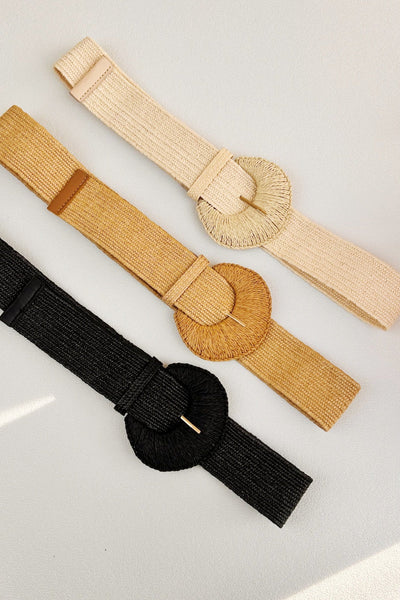 Artisan Raffia Elastic Belt with Crescent Moon Buckle