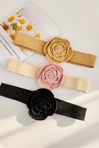 Raffia Elastic Belt with Floral Buckle