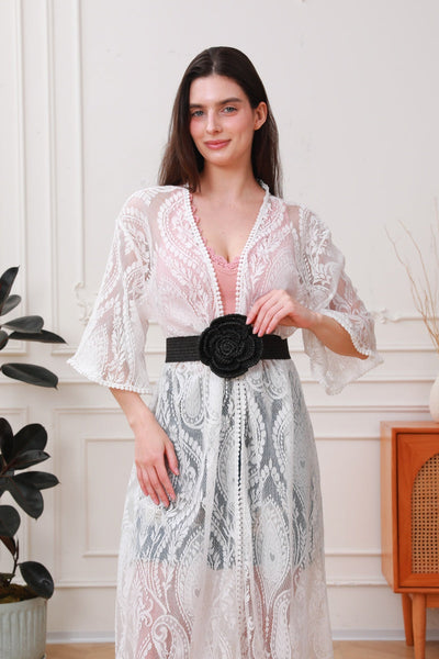 Raffia Elastic Belt with Floral Buckle