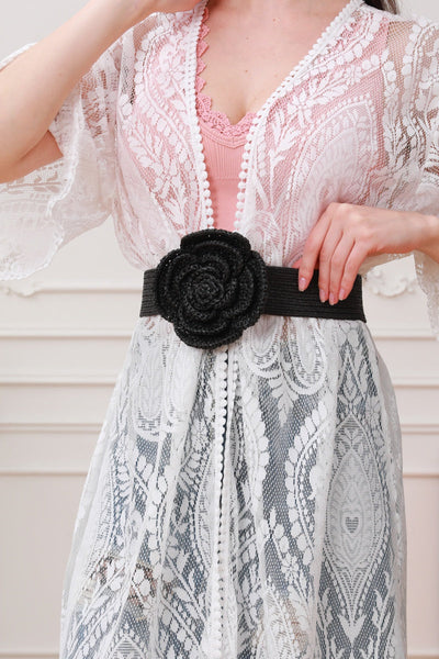 Raffia Elastic Belt with Floral Buckle