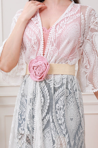 Raffia Elastic Belt with Floral Buckle