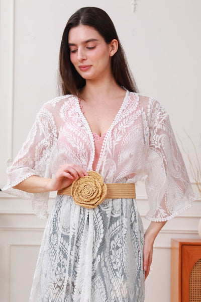 Raffia Elastic Belt with Floral Buckle