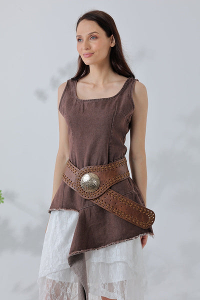 Artisan Soul: Boho Whipstitch Wide Leather Belt with Hammered Gold Buckle