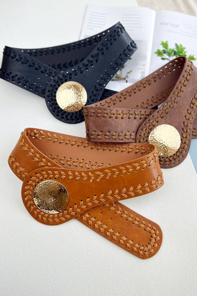Artisan Soul: Boho Whipstitch Wide Leather Belt with Hammered Gold Buckle