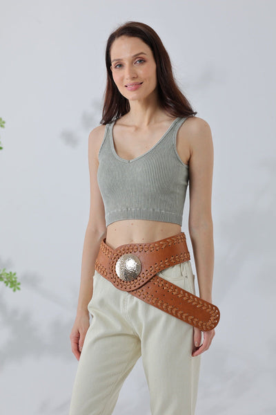 Artisan Soul: Boho Whipstitch Wide Leather Belt with Hammered Gold Buckle