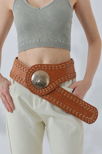 Artisan Soul: Boho Whipstitch Wide Leather Belt with Hammered Gold Buckle
