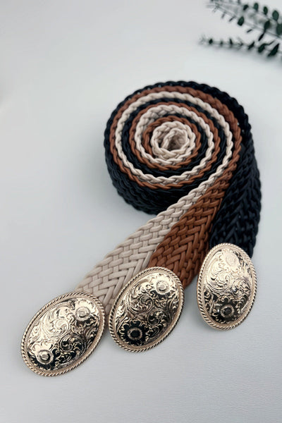 Golden Nomad: Bohemian Woven Wide Belt with Gold Engraved Medallion