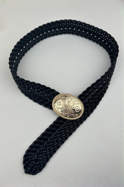 Golden Nomad: Bohemian Woven Wide Belt with Gold Engraved Medallion