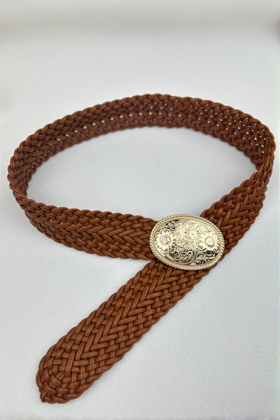 Golden Nomad: Bohemian Woven Wide Belt with Gold Engraved Medallion