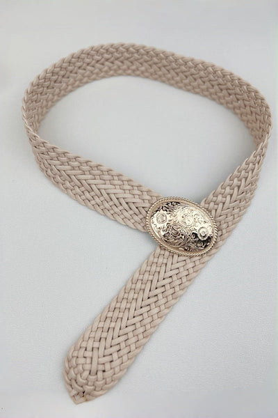 Golden Nomad: Bohemian Woven Wide Belt with Gold Engraved Medallion