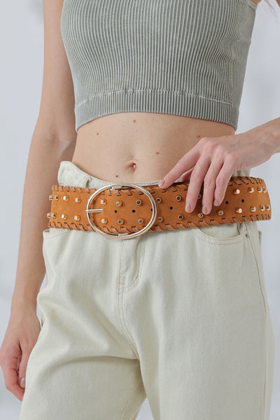 Desert Gold: Gold Studded Faux Suede Wide Belt