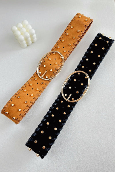 Desert Gold: Gold Studded Faux Suede Wide Belt