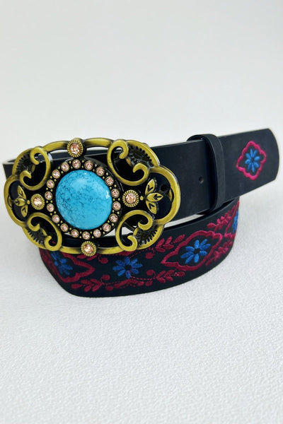 Desert Jewel: Bohemian Turquoise Buckle Embroidered Belt