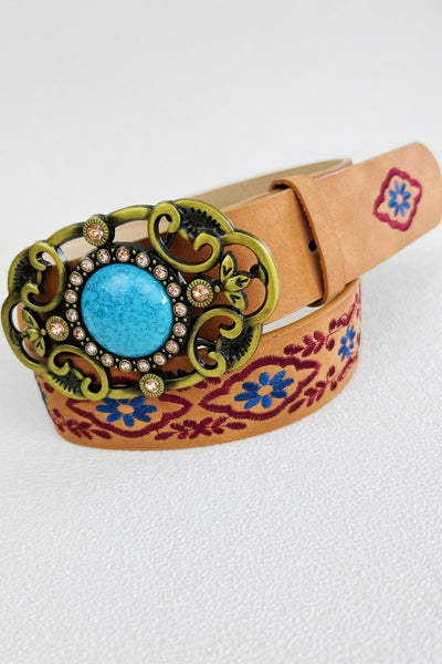 Desert Jewel: Bohemian Turquoise Buckle Embroidered Belt