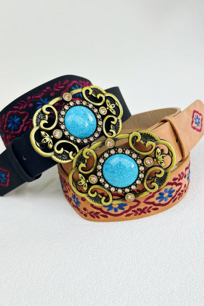 Desert Jewel: Bohemian Turquoise Buckle Embroidered Belt