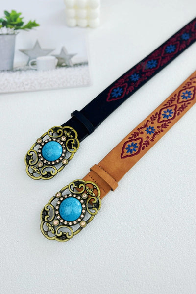 Desert Jewel: Bohemian Turquoise Buckle Embroidered Belt