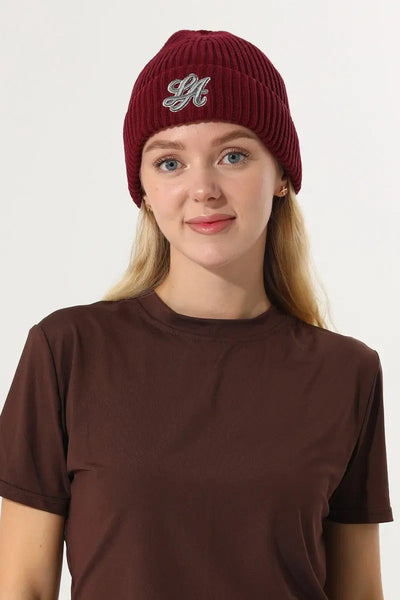 Women LA Embroidery Ribbed Knit Cuff Beanie Winter Hat 🧶❄️ Leto Collection