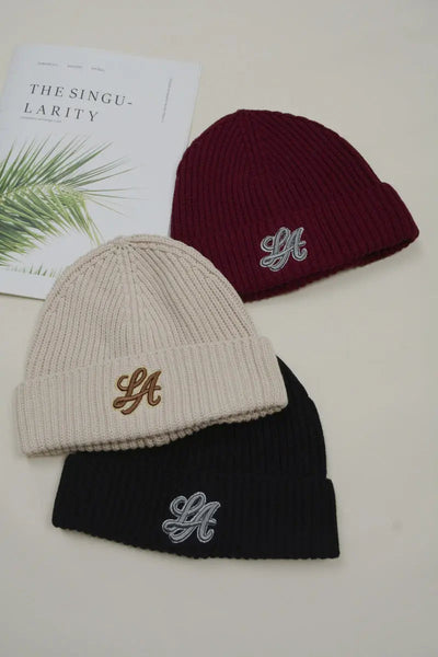 Women LA Embroidery Ribbed Knit Cuff Beanie Winter Hat 🧶❄️ Leto Collection