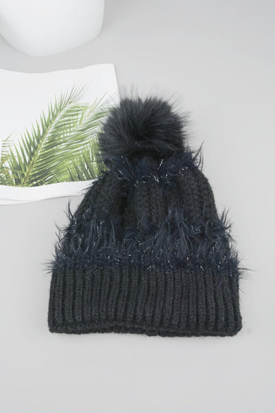 Women Fluffy Knit Beanie With Faux Fur Pom Pom Winter Hat Leto Collection