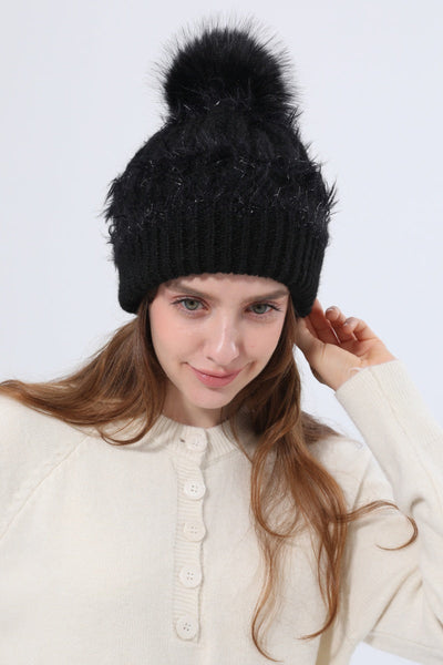 Women Fluffy Knit Beanie With Faux Fur Pom Pom Winter Hat Leto Collection