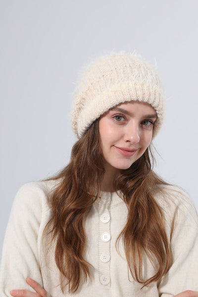 Women Fluffy Knit Beanie With Faux Fur Pom Pom Winter Hat Leto Collection