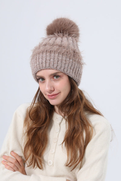 Women Fluffy Knit Beanie With Faux Fur Pom Pom Winter Hat Leto Collection