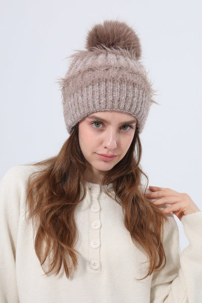 Women Fluffy Knit Beanie With Faux Fur Pom Pom Winter Hat Leto Collection