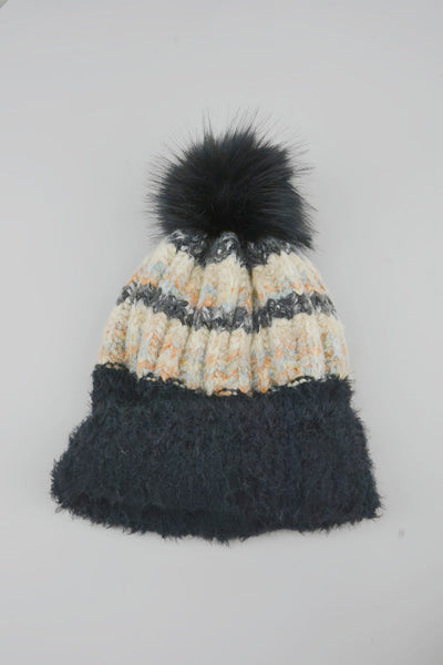 Women Color Mix Knit Beanie With Faux Fur Pom Pom Winter Hat Leto Collection