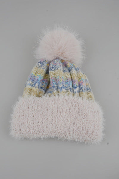 Women Color Mix Knit Beanie With Faux Fur Pom Pom Winter Hat Leto Collection