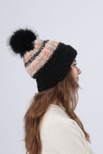 Women Color Mix Knit Beanie With Faux Fur Pom Pom Winter Hat Leto Collection